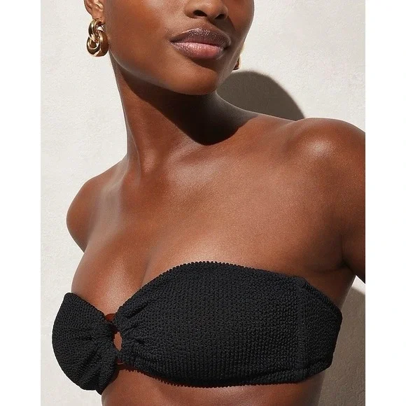 New J.Crew Sz XXL Black Heritage Textured Oh-ring Bandeau Bikini Top W Halter - Picture 7 of 7